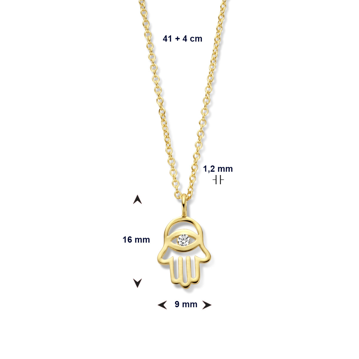 Gold plated ketting met Handje van Fatima hanger en zirkonia oog 1.2 mm breed - Lengte 41-45 cm