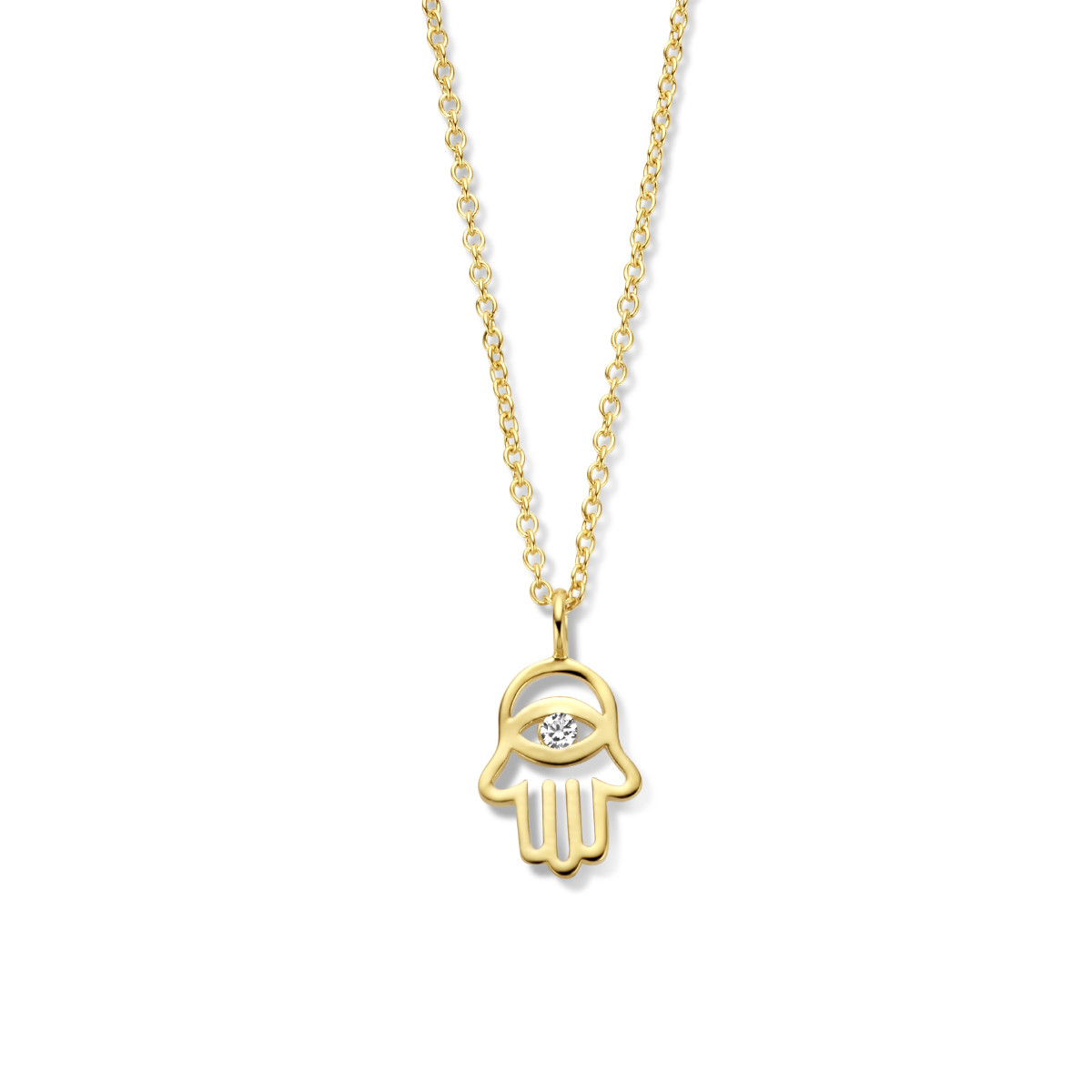 Gold plated ketting met Handje van Fatima hanger en zirkonia oog 1.2 mm breed - Lengte 41-45 cm