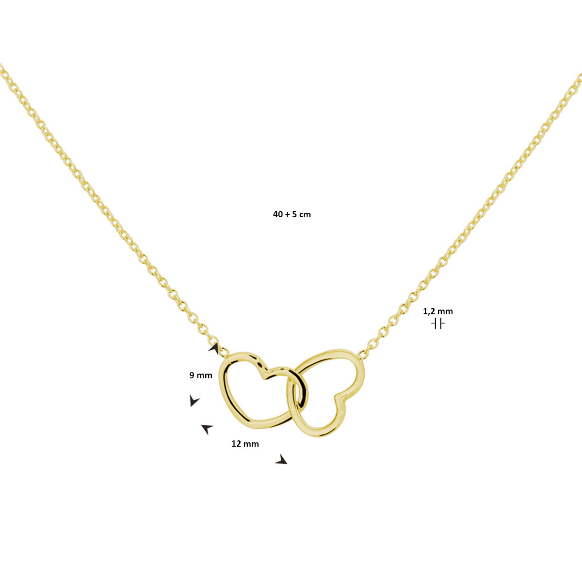 Gold plated ketting met hanger van verstrengelde harten 9 mm - Lengte 40-45 cm