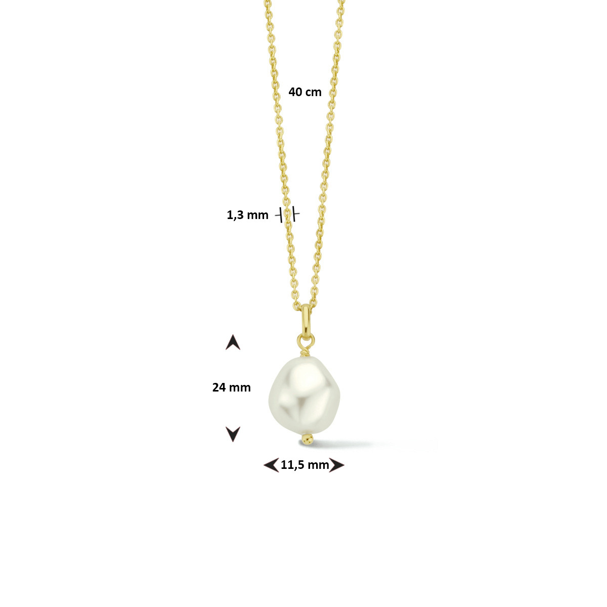 Gold plated ketting met hanger van witte imitatie parel 1.3 mm breed - Lengte 40 cm