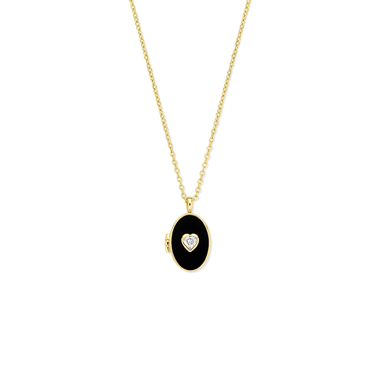 Gold plated ketting met ovaal onyx medaillon en zirkonia in hart 0.5 mm breed - Lengte 42-45 cm