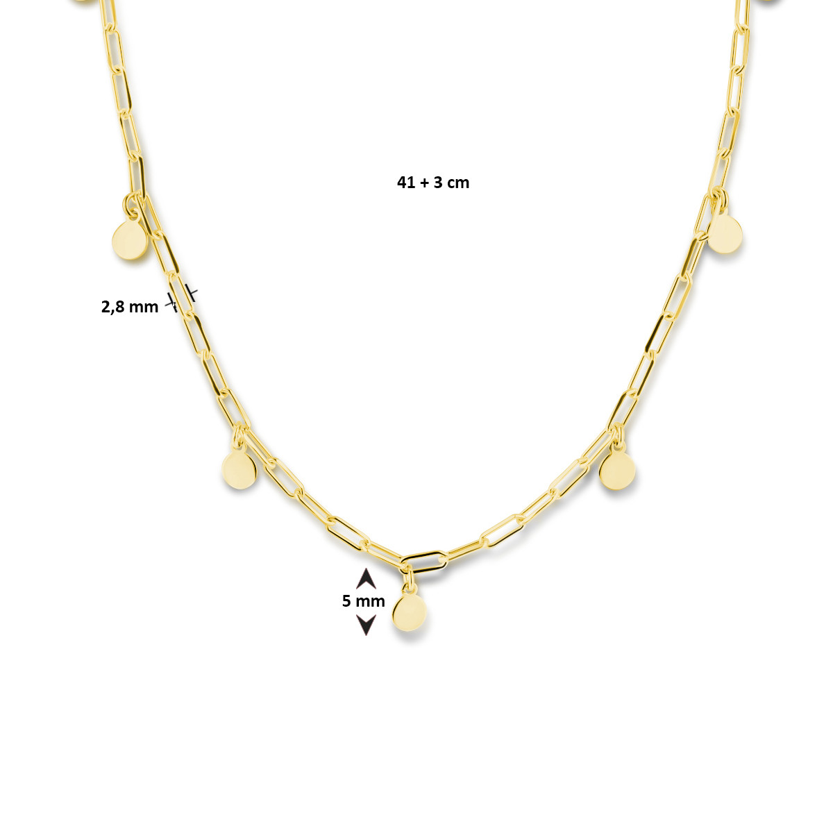 Gold plated ketting met paperclipschakel en rondjes - Lengte 41 + 3 cm