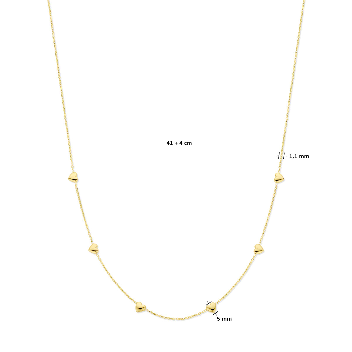 Gold plated ketting met zes hartjes van 5 mm groot - Lengte 41-45 cm