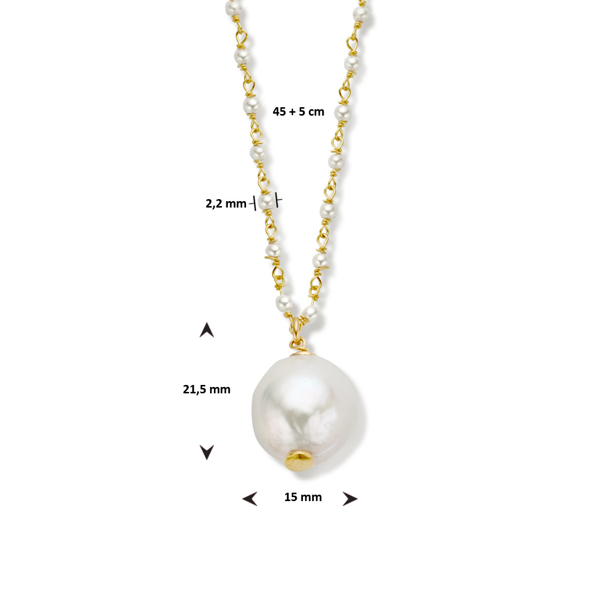 Gold plated ketting met zoetwaterparel hanger en imitatie parels 2.2 mm breed - Lengte 45-50 cm