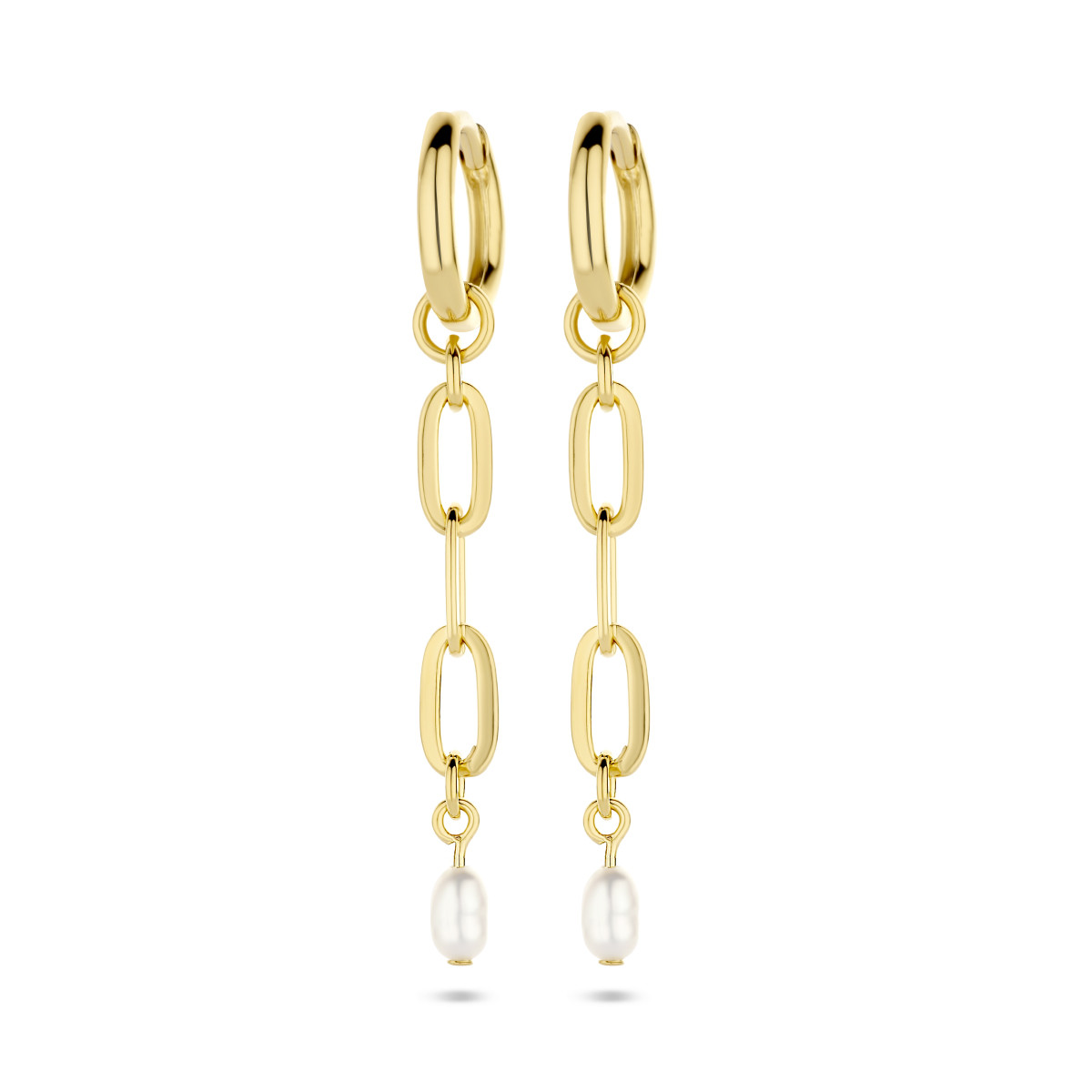 Gold plated klapcreolen met parel hanger glanzend - Diameter 11 mm