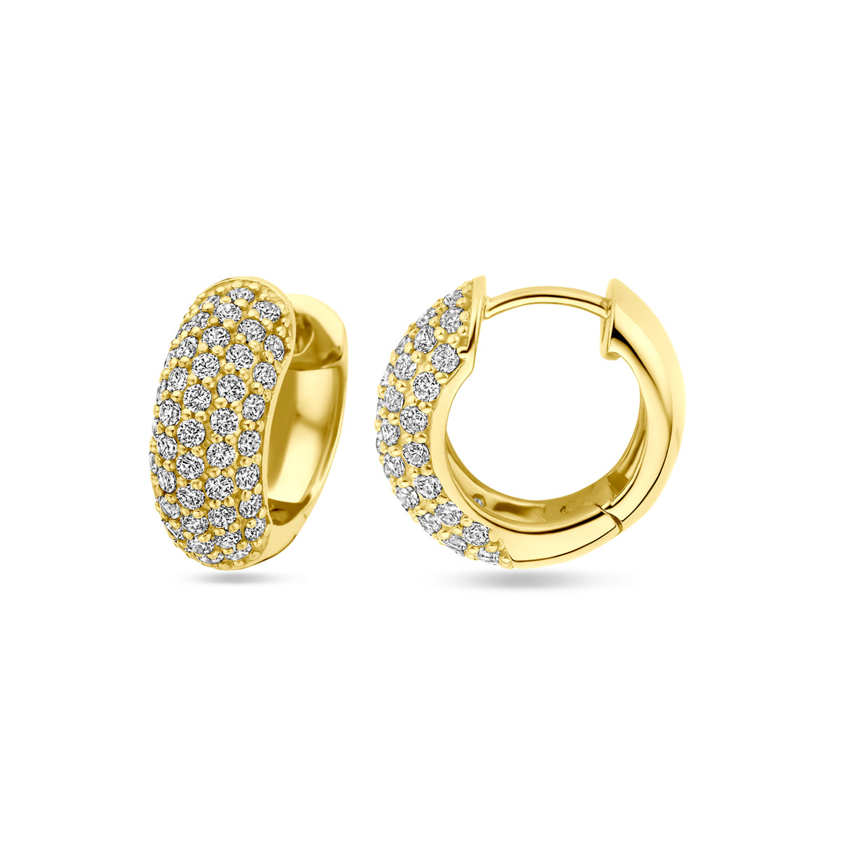 Gold plated klapoorringen met halve kant zirkonia's 6 mm breed - Diameter 16.5 mm