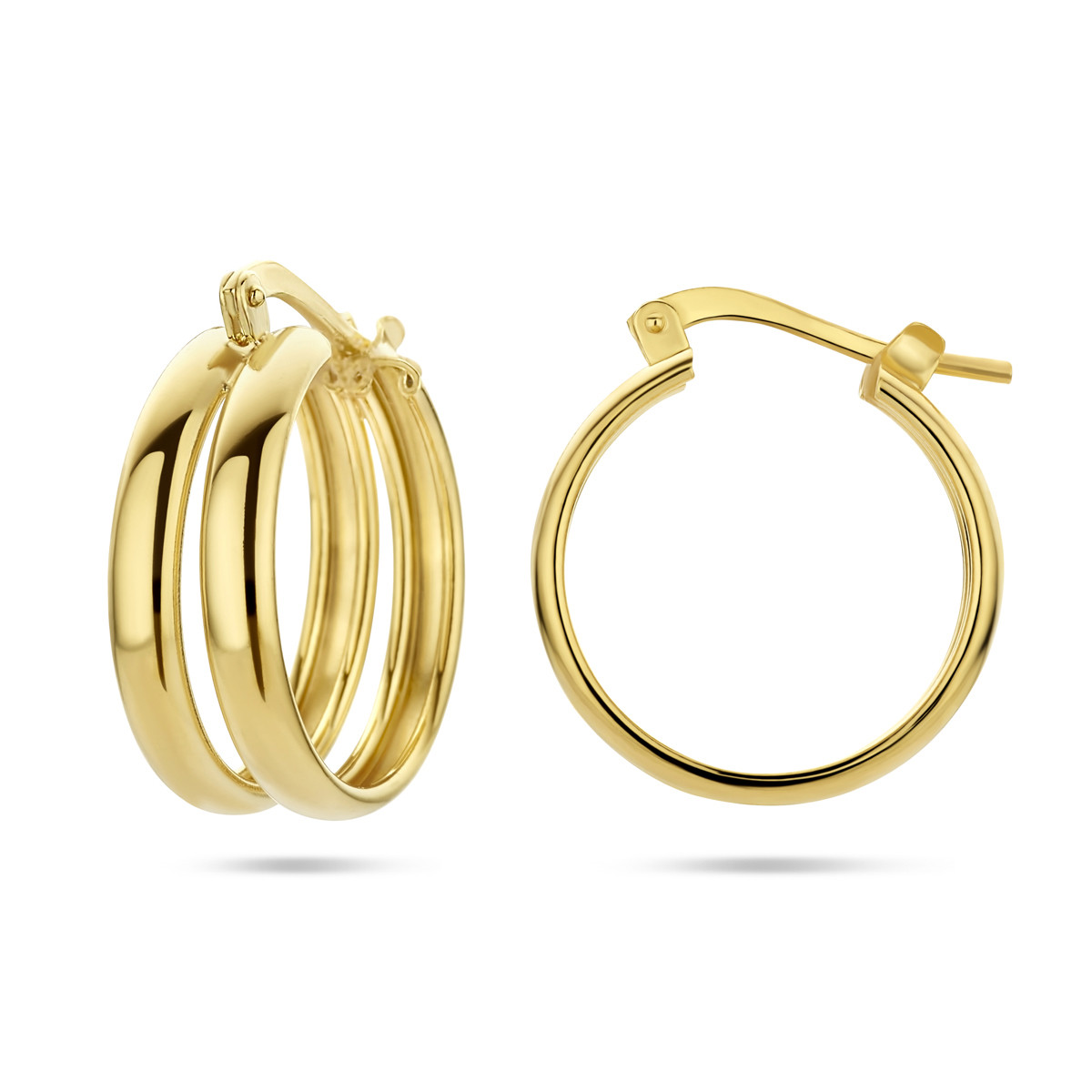Gold plated oorbellen met twee ringen 7.5 mm - Diameter 18 mm
