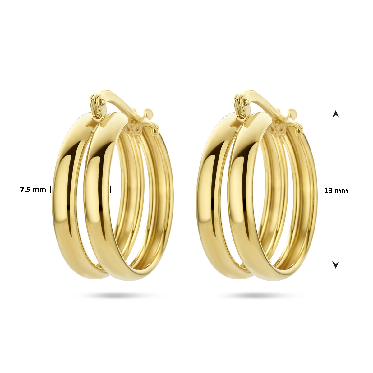 Gold plated oorbellen met twee ringen 7.5 mm - Diameter 18 mm