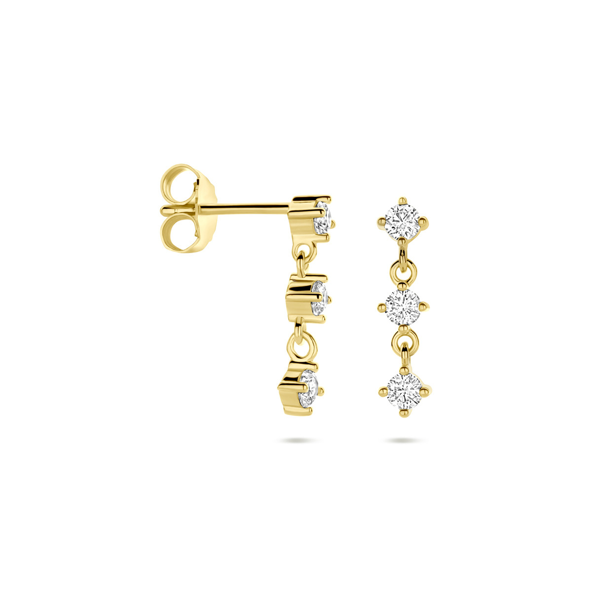 Gold plated oorhangers met 3 briljant geslepen zirkonia stenen - Hoogte 16 mm