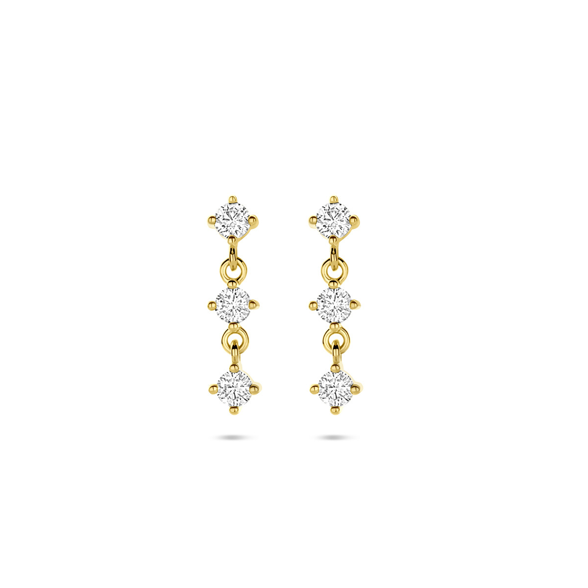Gold plated oorhangers met 3 briljant geslepen zirkonia stenen - Hoogte 16 mm