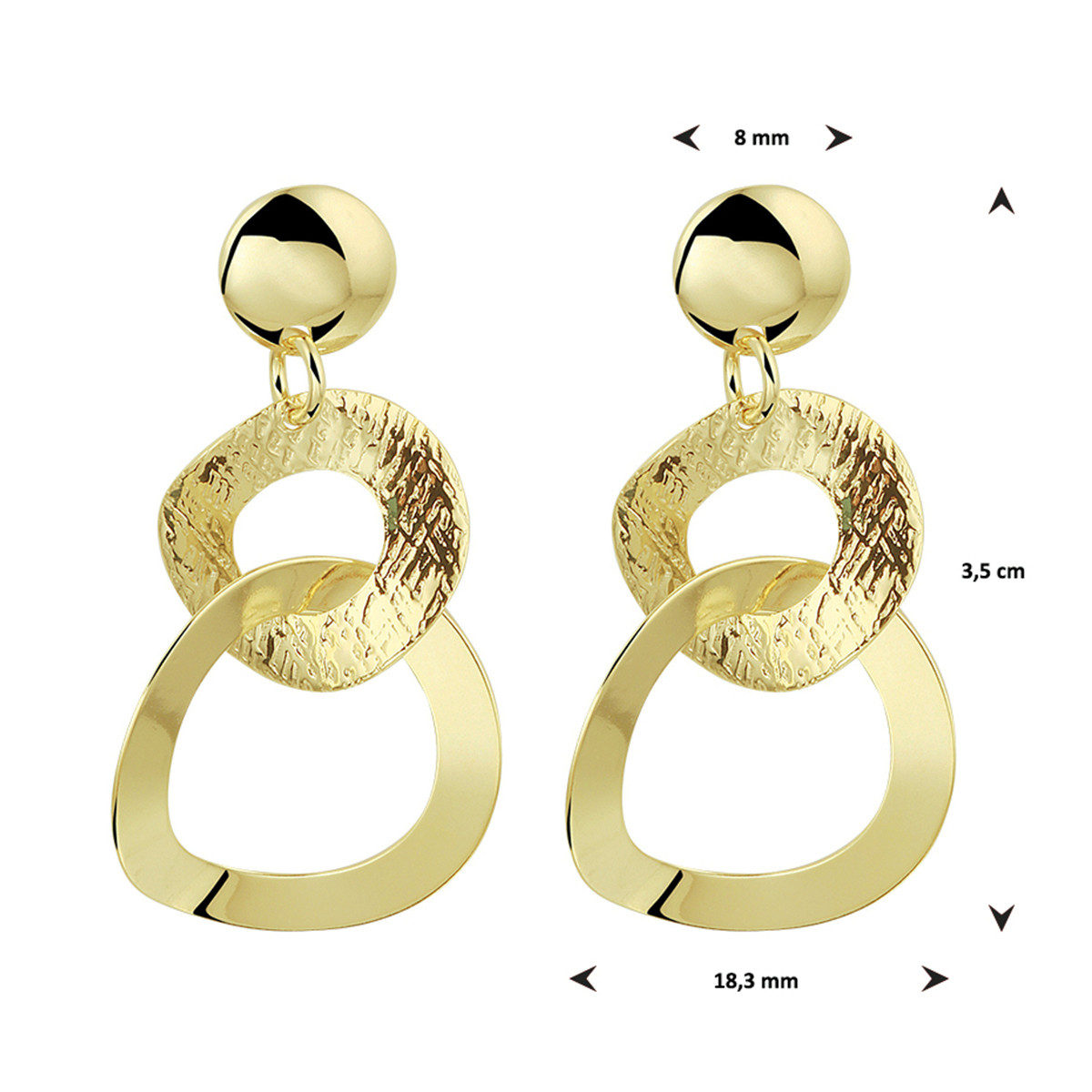 Gold plated oorhangers met gehamerde en glanzende cirkels 18.5 mm breed - Hoogte 35 mm
