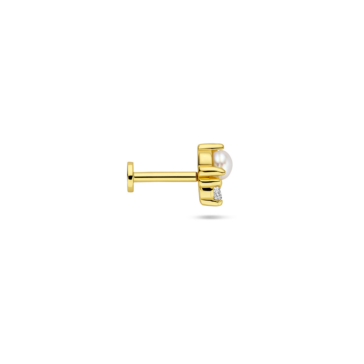 Gold plated oorpiercing flatback met parel en transparante zirkonia 4 mm breed - Hoogte 6.5 mm - Per stuk