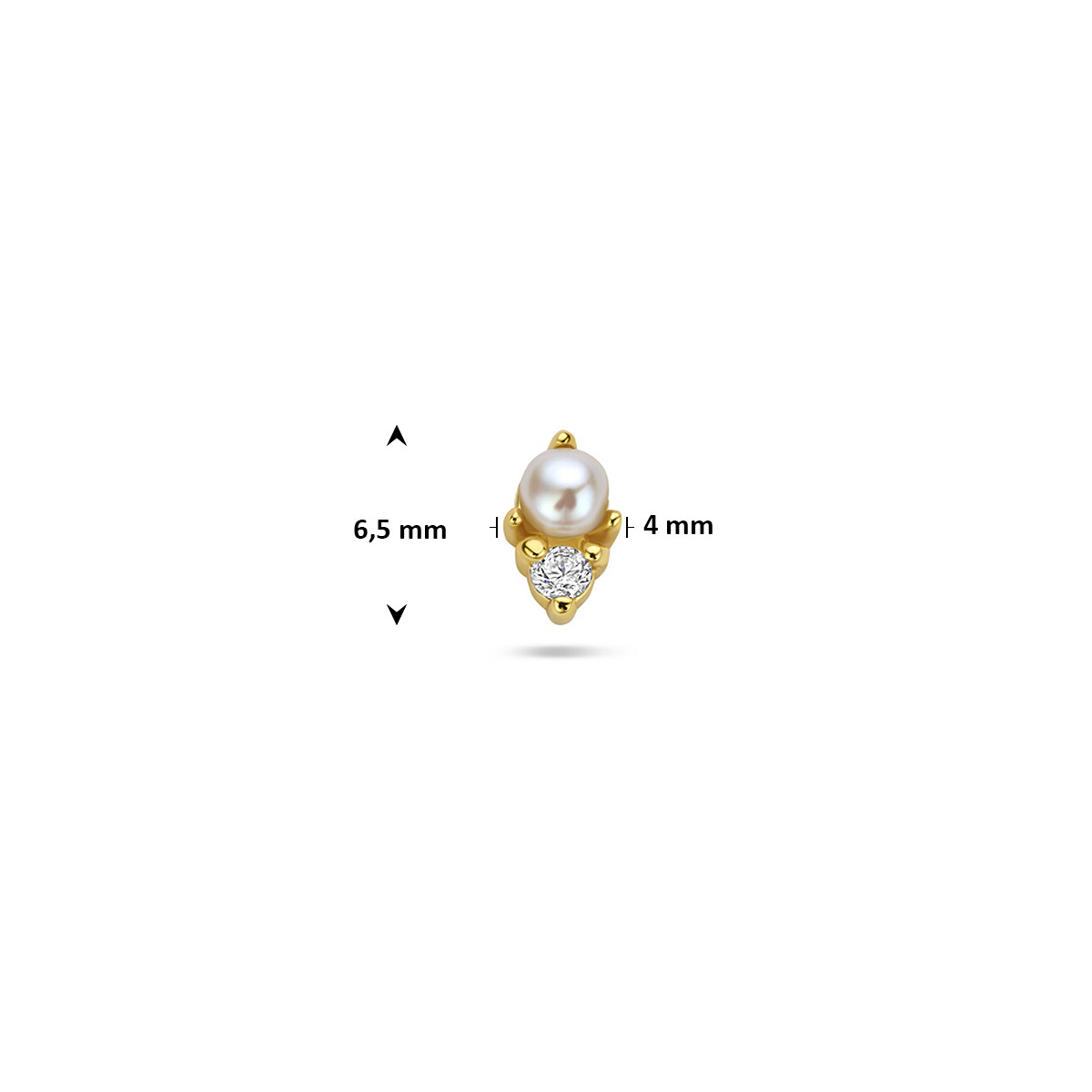 Gold plated oorpiercing flatback met parel en transparante zirkonia 4 mm breed - Hoogte 6.5 mm - Per stuk
