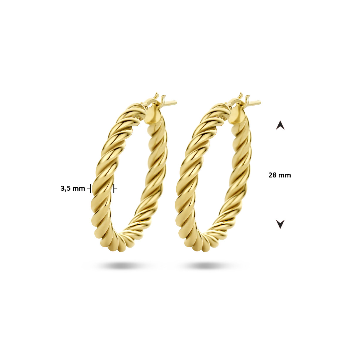 Gold plated oorringen met gedraaide buis 3.5 mm breed - Diameter 28 mm