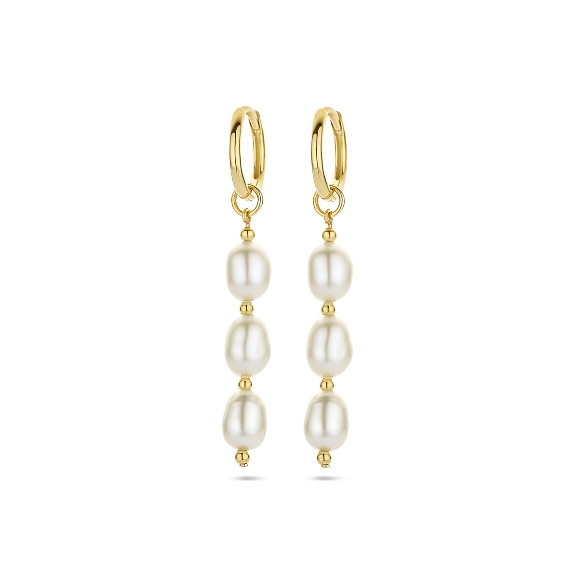 Gold plated oorringen met hangers drie barokke parels 6 mm - 47 mm