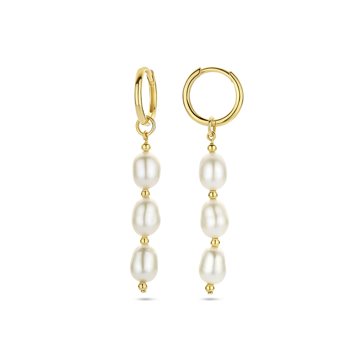 Gold plated oorringen met hangers drie barokke parels 6 mm - 47 mm