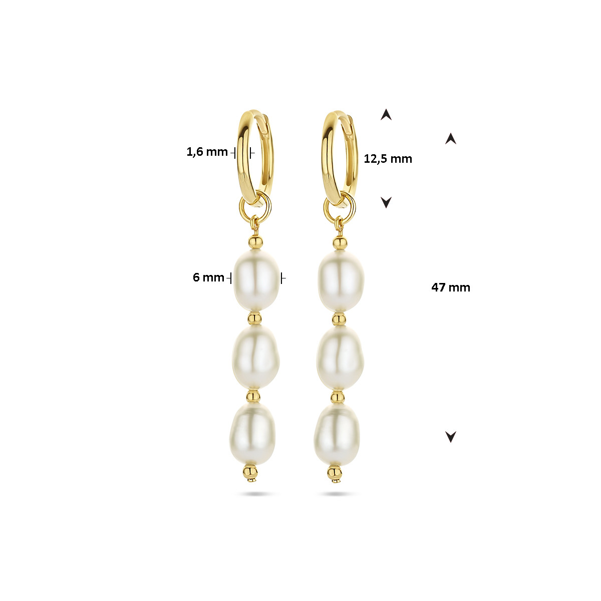 Gold plated oorringen met hangers drie barokke parels 6 mm - 47 mm