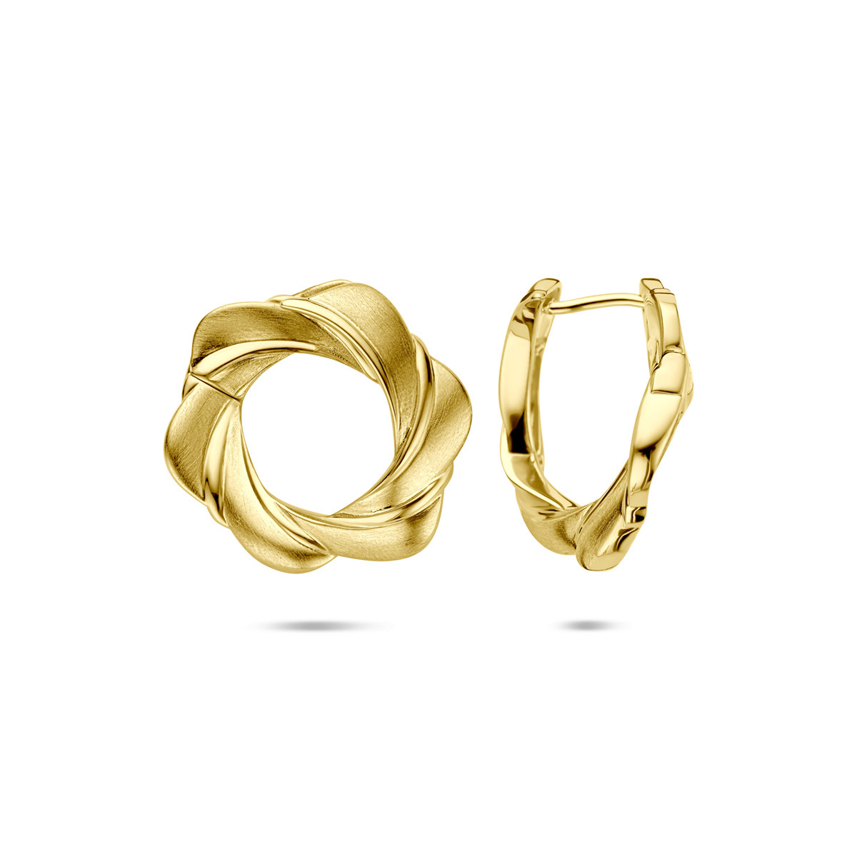 Gold plated oorringen met ronde gevlochten vorm mat en glanzend 14 mm breed - Diameter 23.5 mm