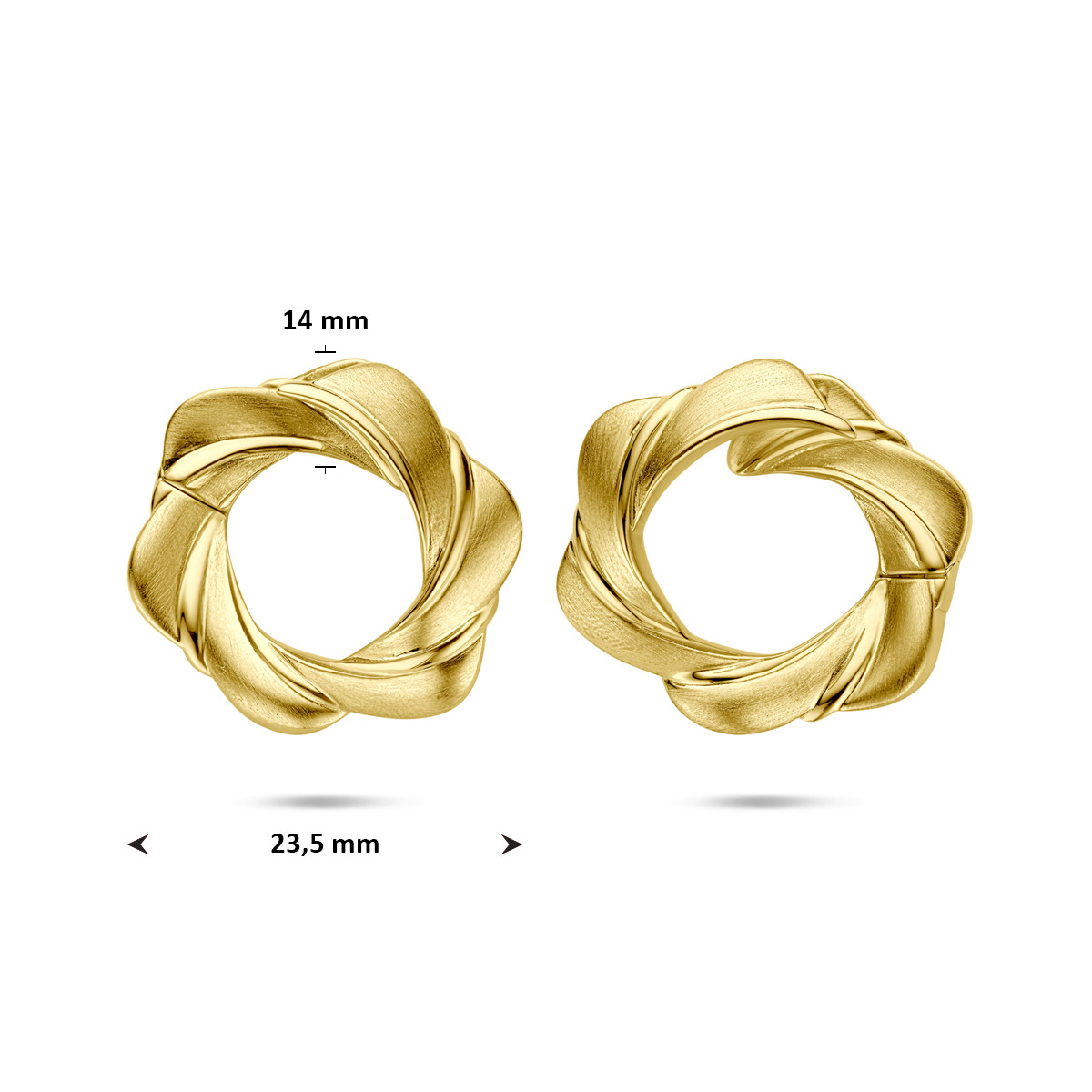 Gold plated oorringen met ronde gevlochten vorm mat en glanzend 14 mm breed - Diameter 23.5 mm