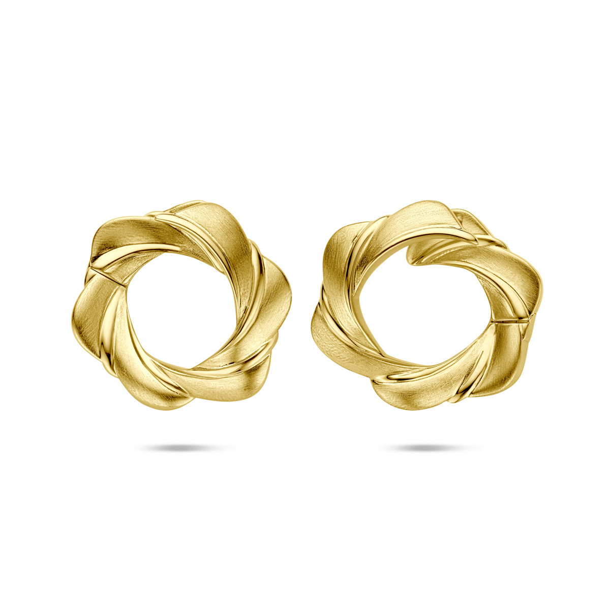 Gold plated oorringen met ronde gevlochten vorm mat en glanzend 14 mm breed - Diameter 23.5 mm