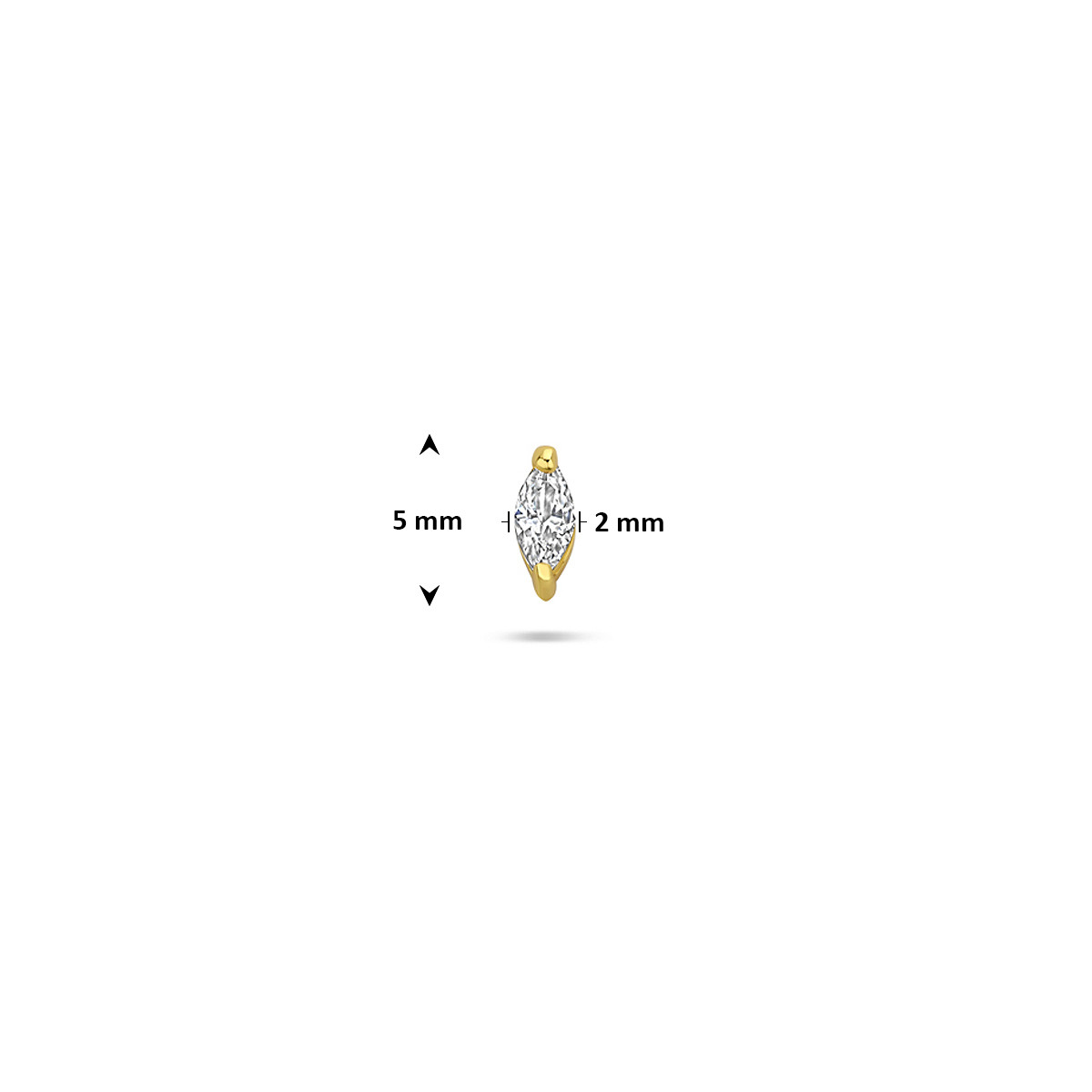 Gold plated ovale flatback piercing met transparante zirkonia 2 mm breed - Hoogte 5 mm - Per stuk