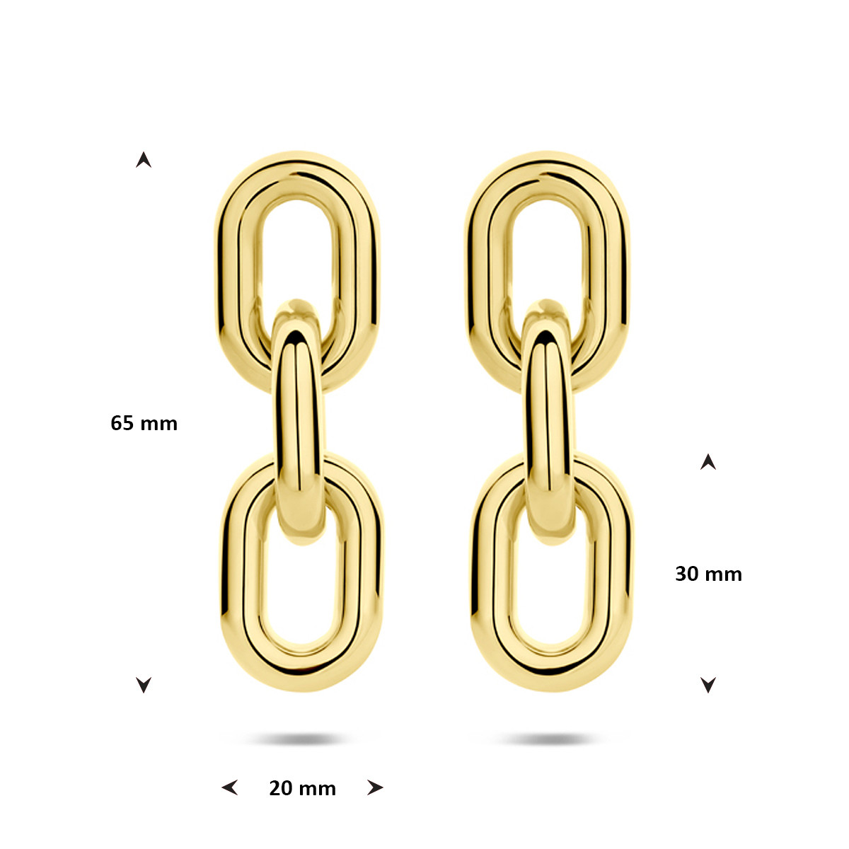 Gold plated ovale oorbellen met glanzende schakels 20 mm breed - Hoogte 65 mm