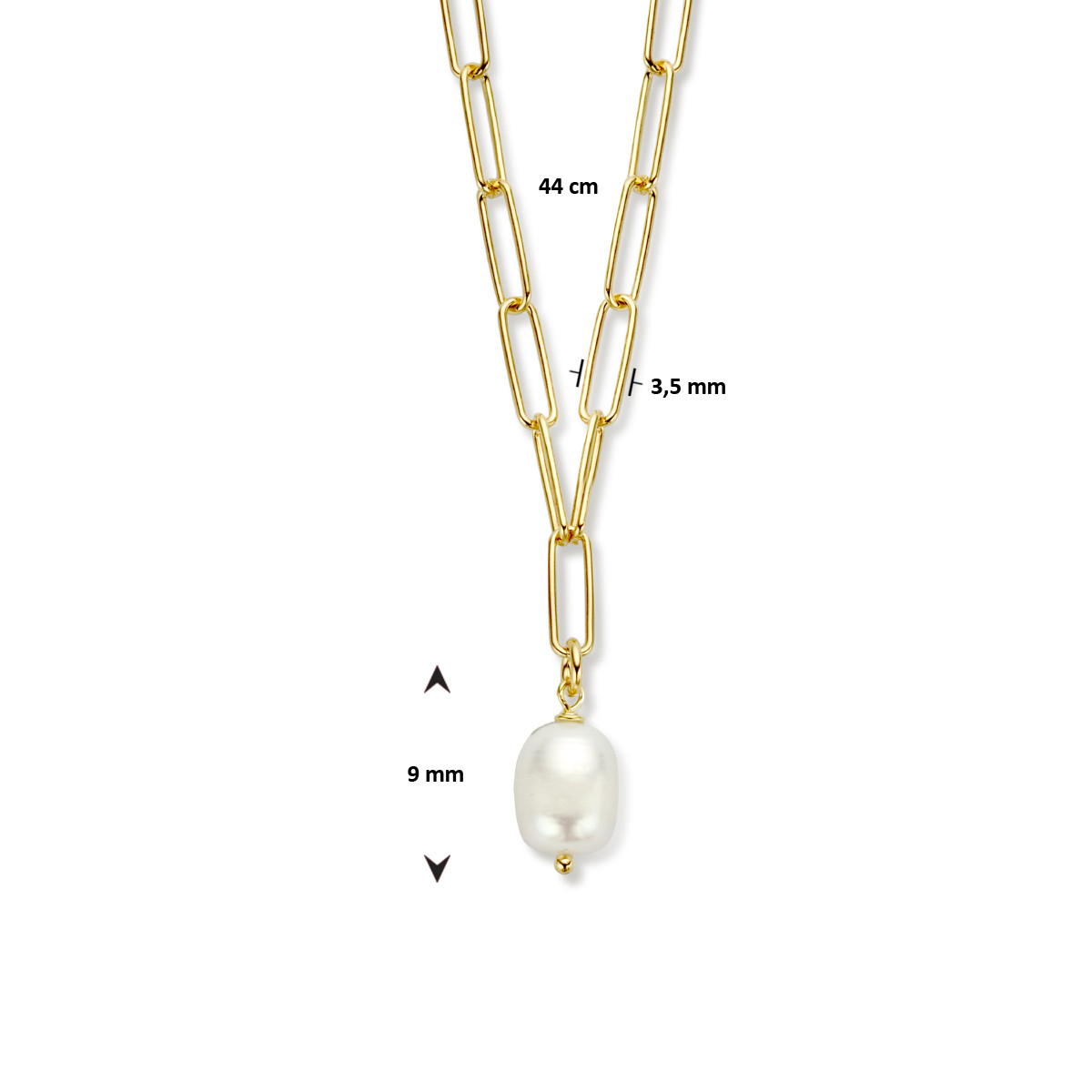 Gold plated paperclip ketting met zoetwaterparel - Lengte 44 cm