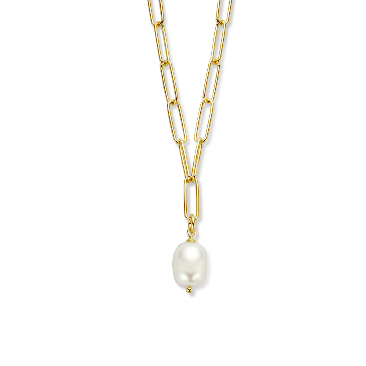 Gold plated paperclip ketting met zoetwaterparel - Lengte 44 cm