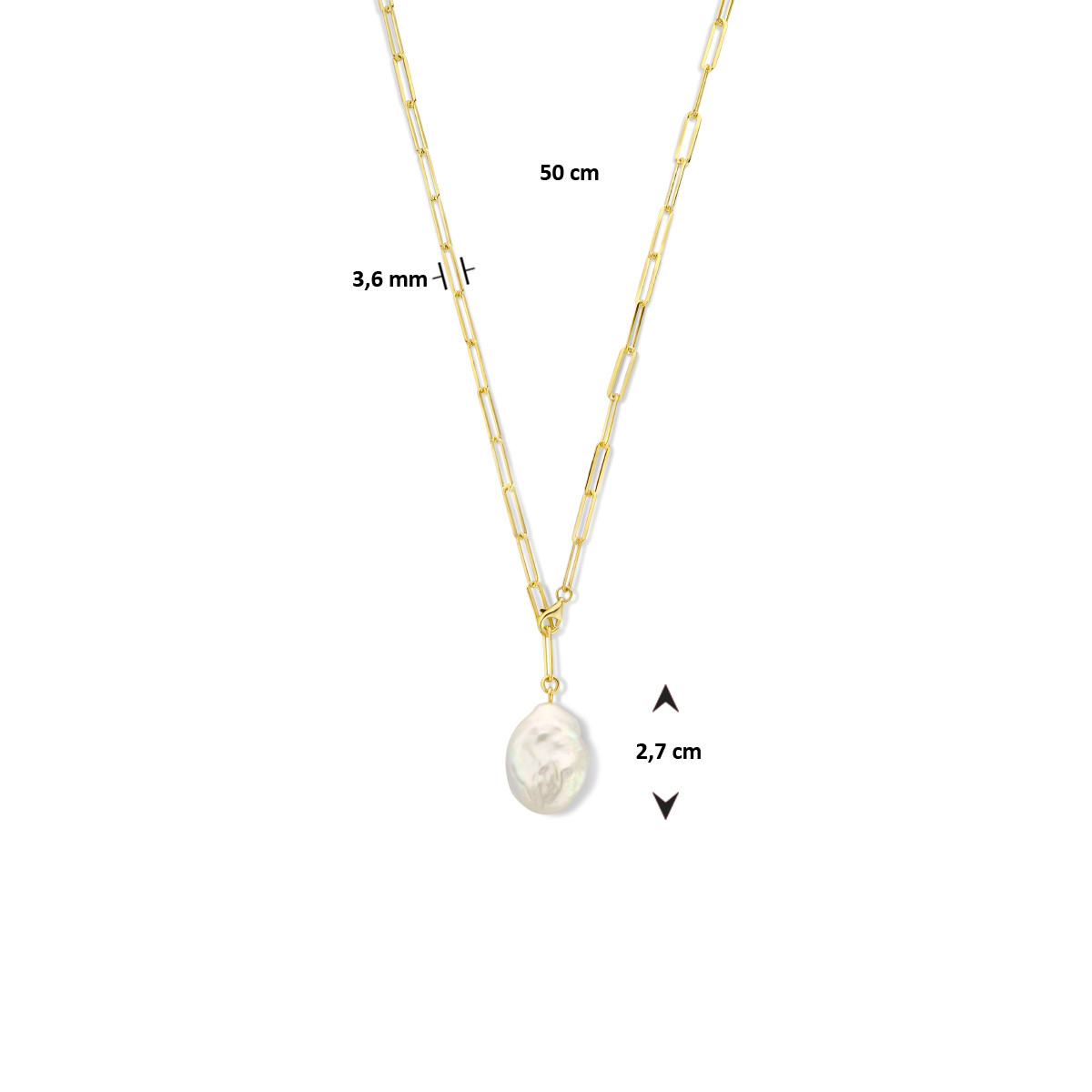 Gold plated paperclip ketting met zoetwaterparel - Lengte 50 cm