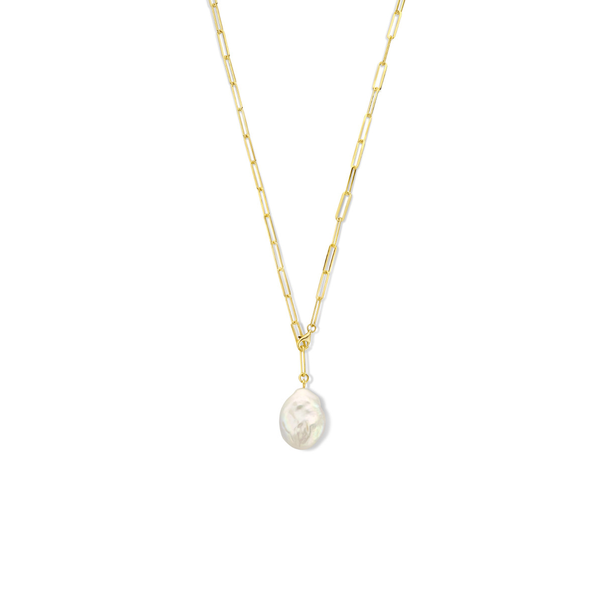 Gold plated paperclip ketting met zoetwaterparel - Lengte 50 cm