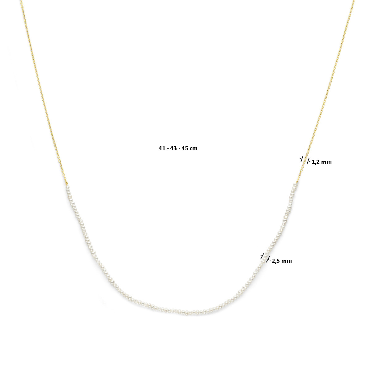Gold plated parelketting met ankerschakel 1.2 mm en witte zoetwaterparels 2.5 mm - Lengte 41, 43, 45 cm