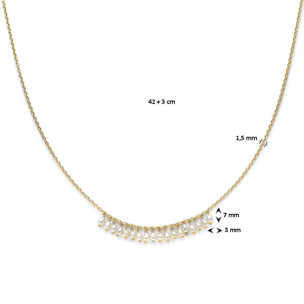 Gold plated parelketting met een rijtje druppelvormige parels - Lengte 42-45 cm