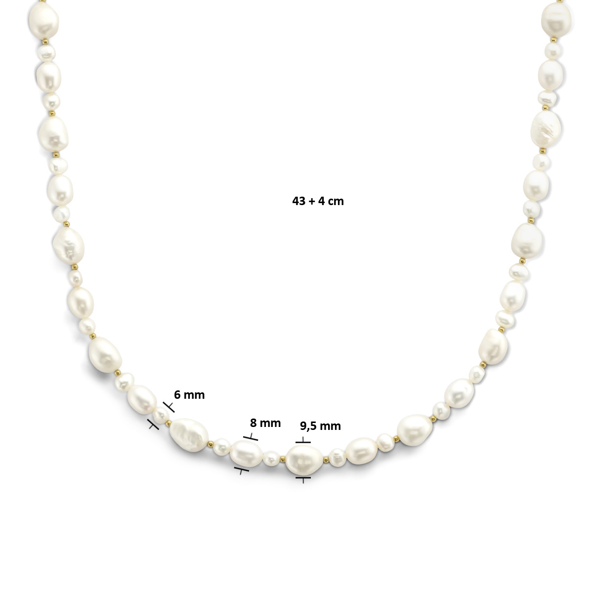 Gold plated parelketting met grote en kleine zoetwaterparels - Lengte 43 + 4 cm