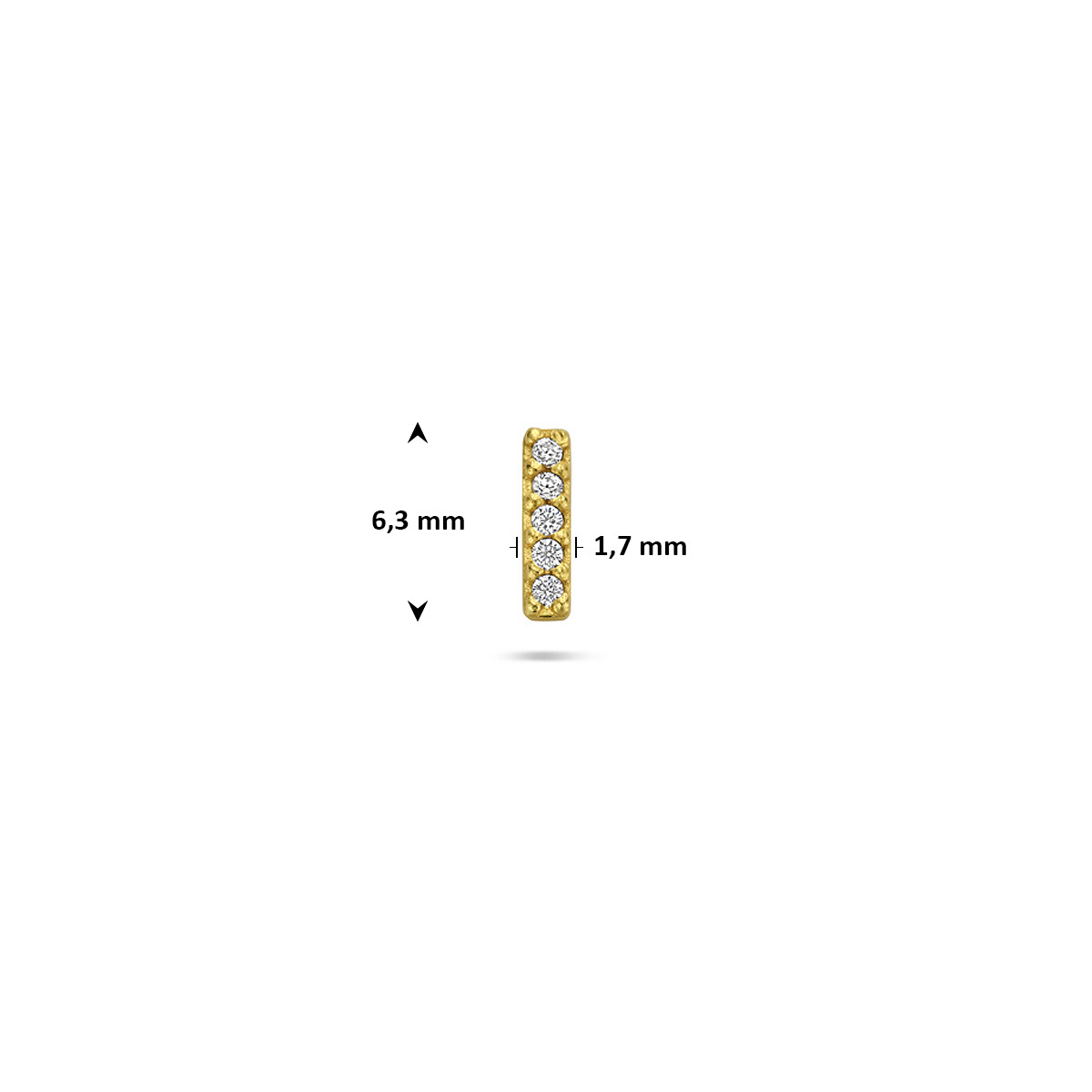 Gold plated rechthoekige flatback piercing met transparante zirkonia 1.7 mm breed - Hoogte 6. 3 mm - Per stuk