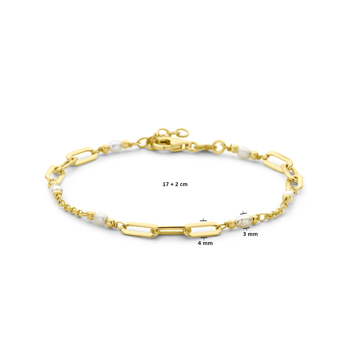 Gold plated schakelarmband paperclipschakels met parels - Lengte 17-19 cm