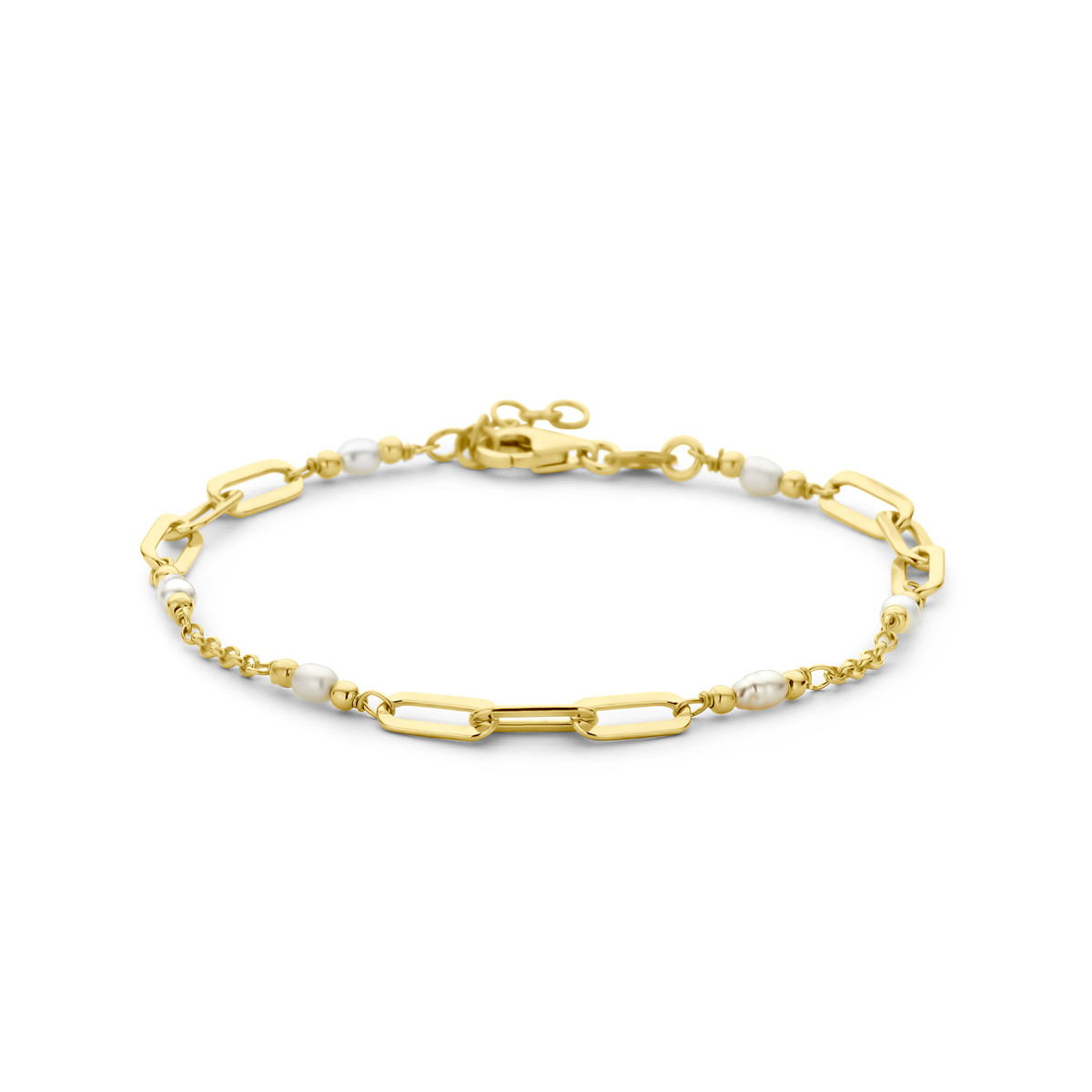 Gold plated schakelarmband paperclipschakels met parels - Lengte 17-19 cm