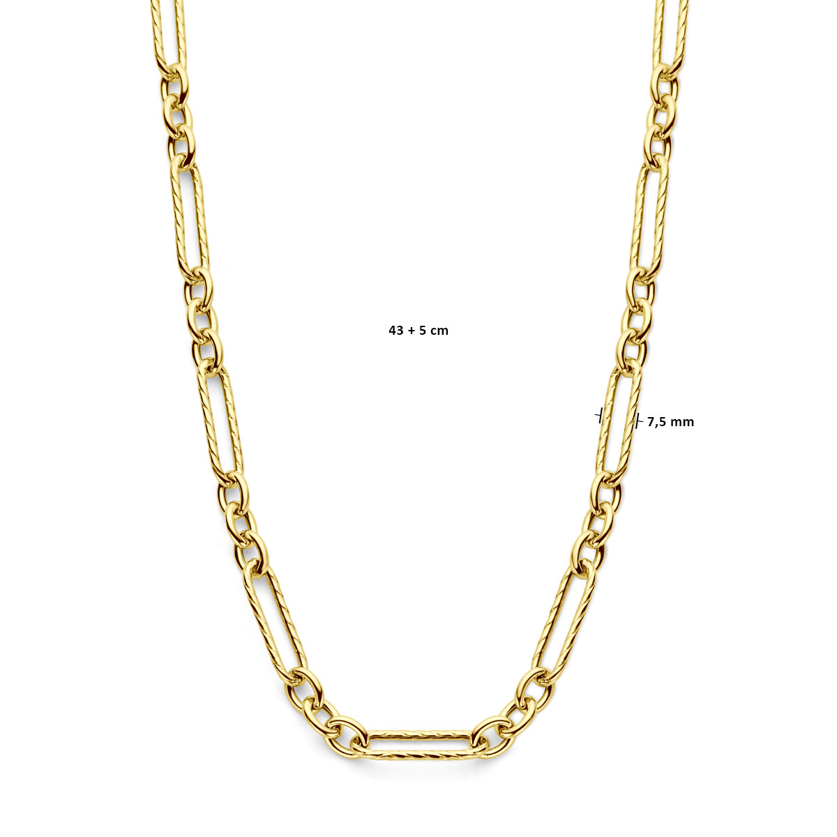 Gold plated schakelketting met bewerkte paperclipschakels 7.5 mm - Lengte 43-48 cm