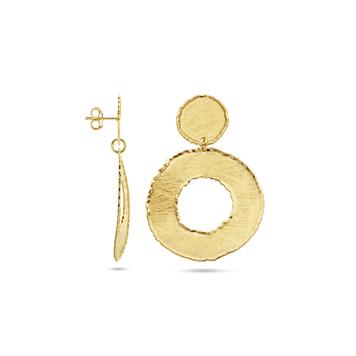Gold plated scratched oorhangers twee cirkels - Hoogte 50 mm