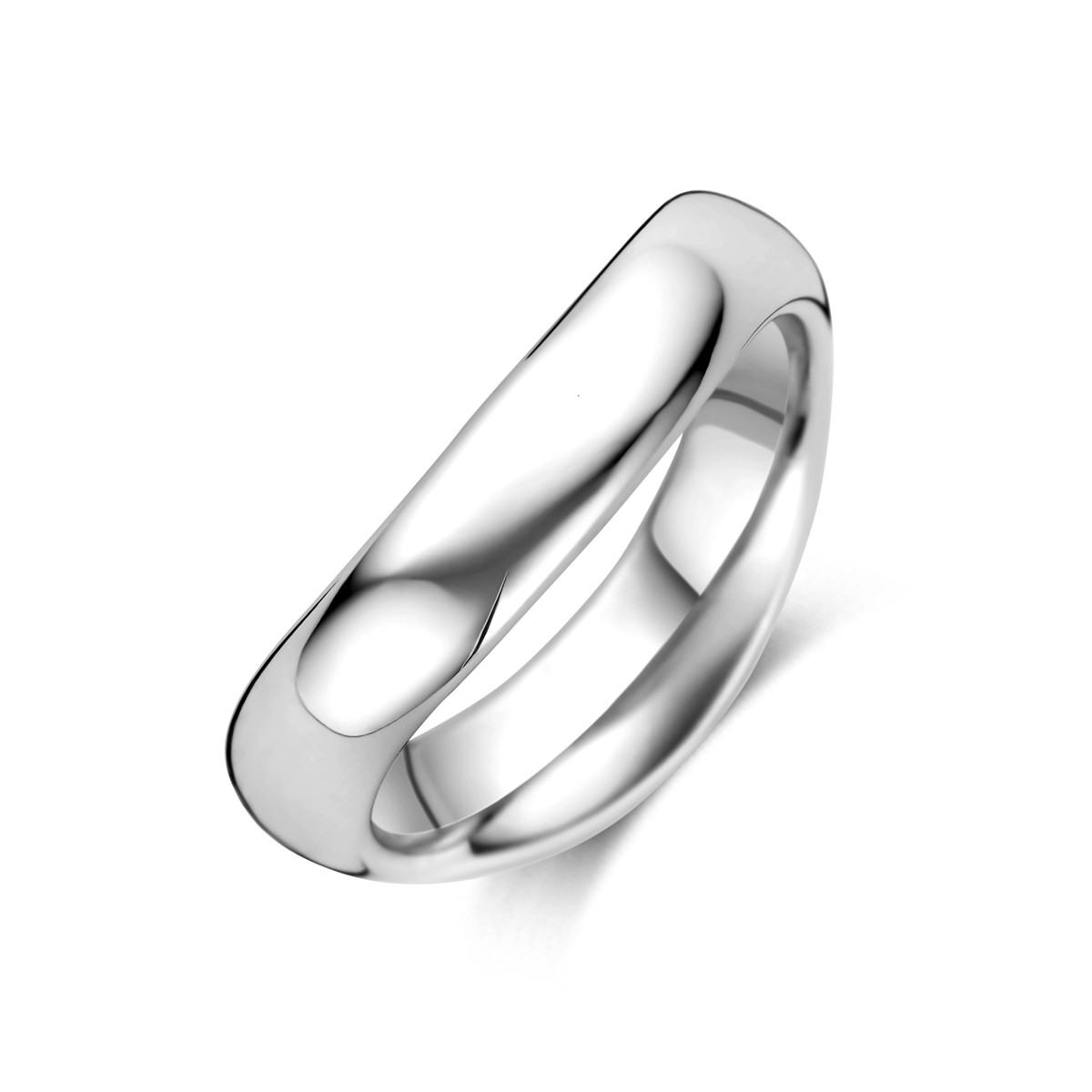 Golvende zilveren ring met moderne uitstraling gerhodineerd 5 mm breed