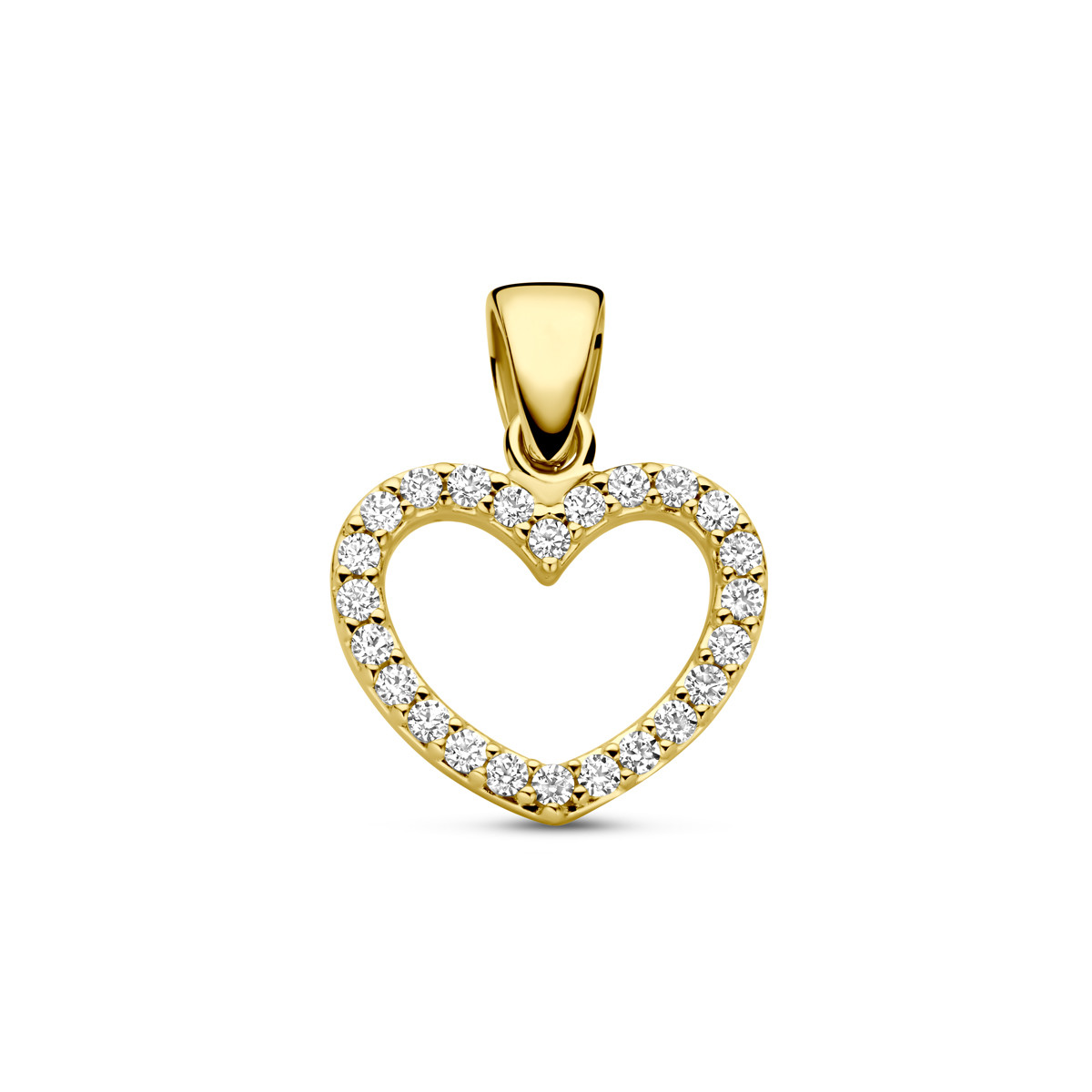 Gouden 14-karaat open hartjes hanger met zirkonia 11 mm breed - Hoogte 15 mm