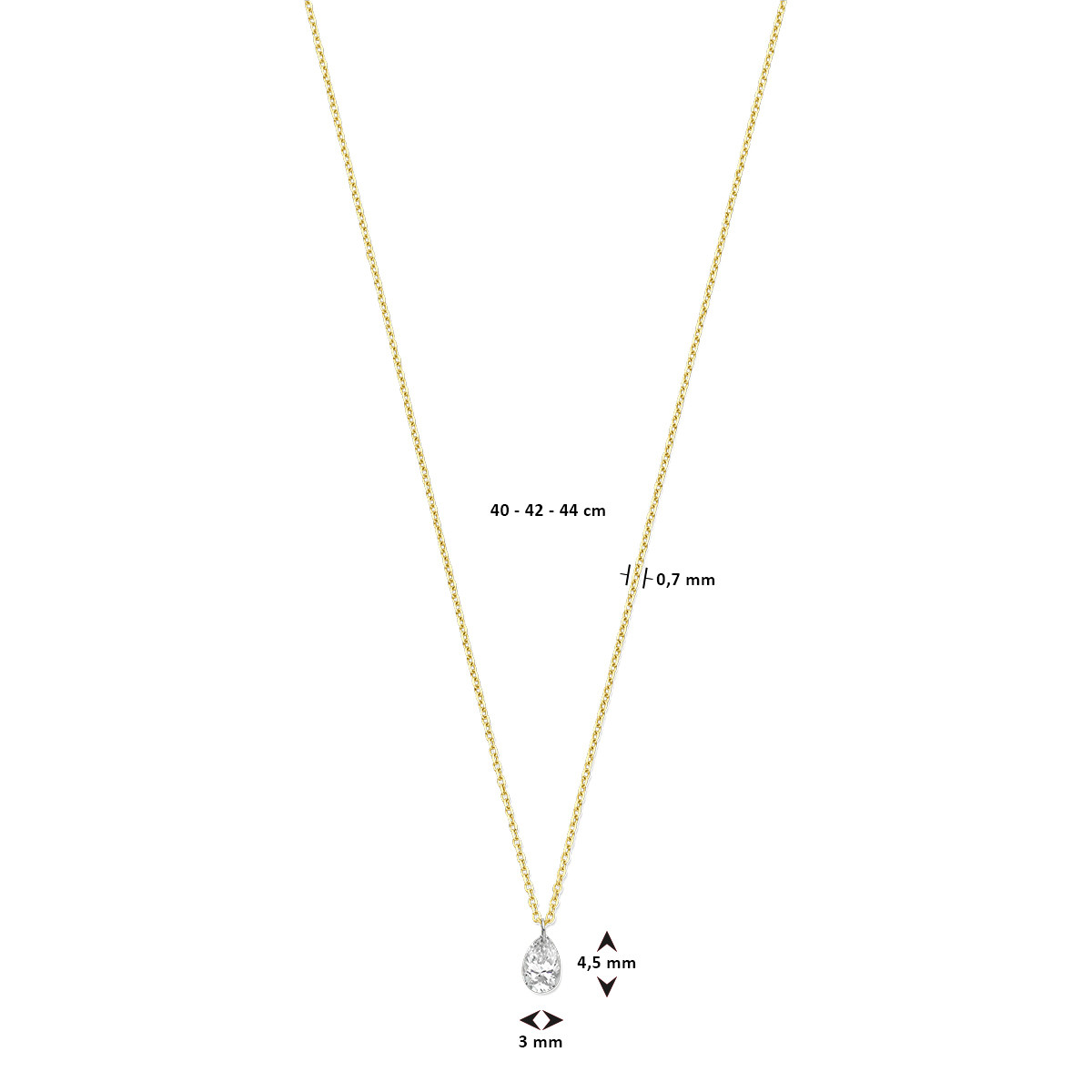 Gouden 18-karaat ketting met peer geslepen diamant 0.15 crt - Lengte 40-42-44 cm