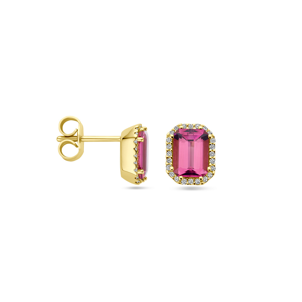 Gouden achthoekige oorknoppen met roze/rode toermalijn en diamanten 0.14 crt - 7 mm x 9 mm