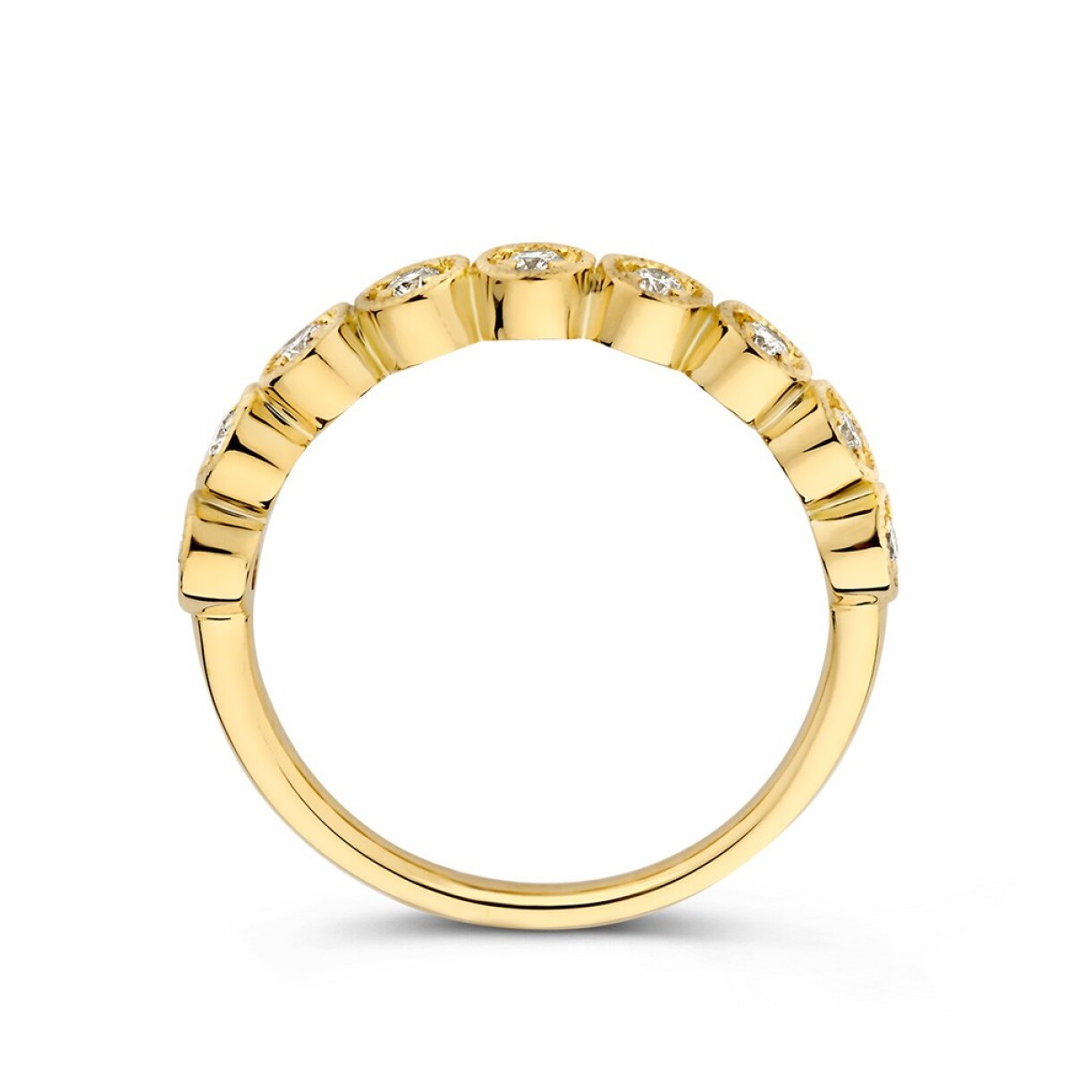 Gouden alliance ring met bewerkte zetting en 0.20 crt transparante diamanten 3.6 mm breed