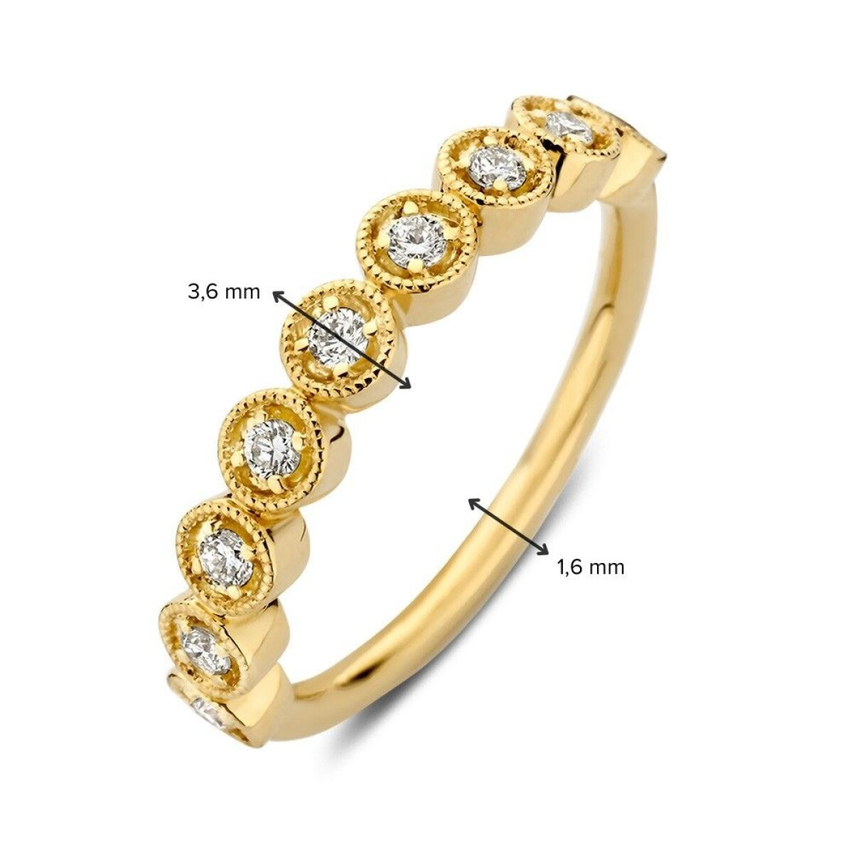 Gouden alliance ring met bewerkte zetting en 0.20 crt transparante diamanten 3.6 mm breed