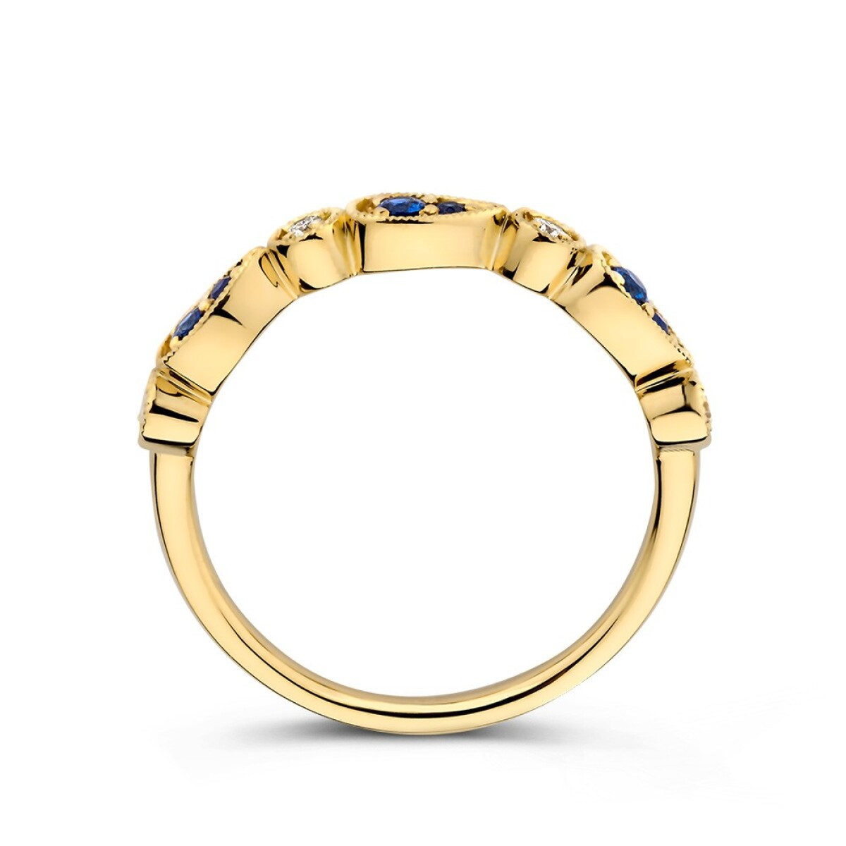 Gouden alliance ring met blauwe saffieren en 0.06 crt diamanten 3.5 mm breed
