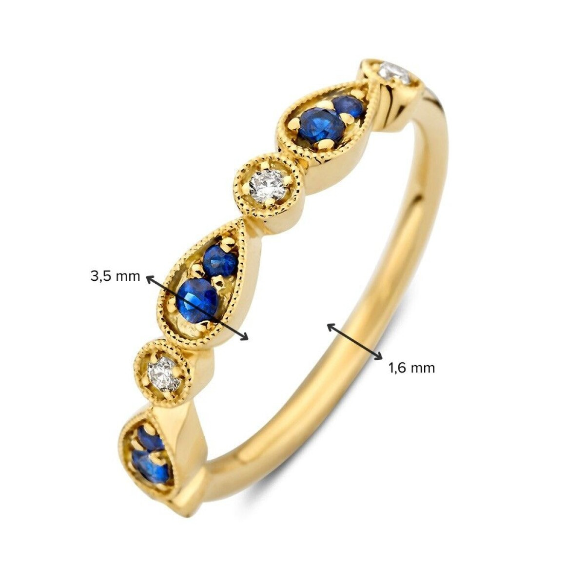 Gouden alliance ring met blauwe saffieren en 0.06 crt diamanten 3.5 mm breed