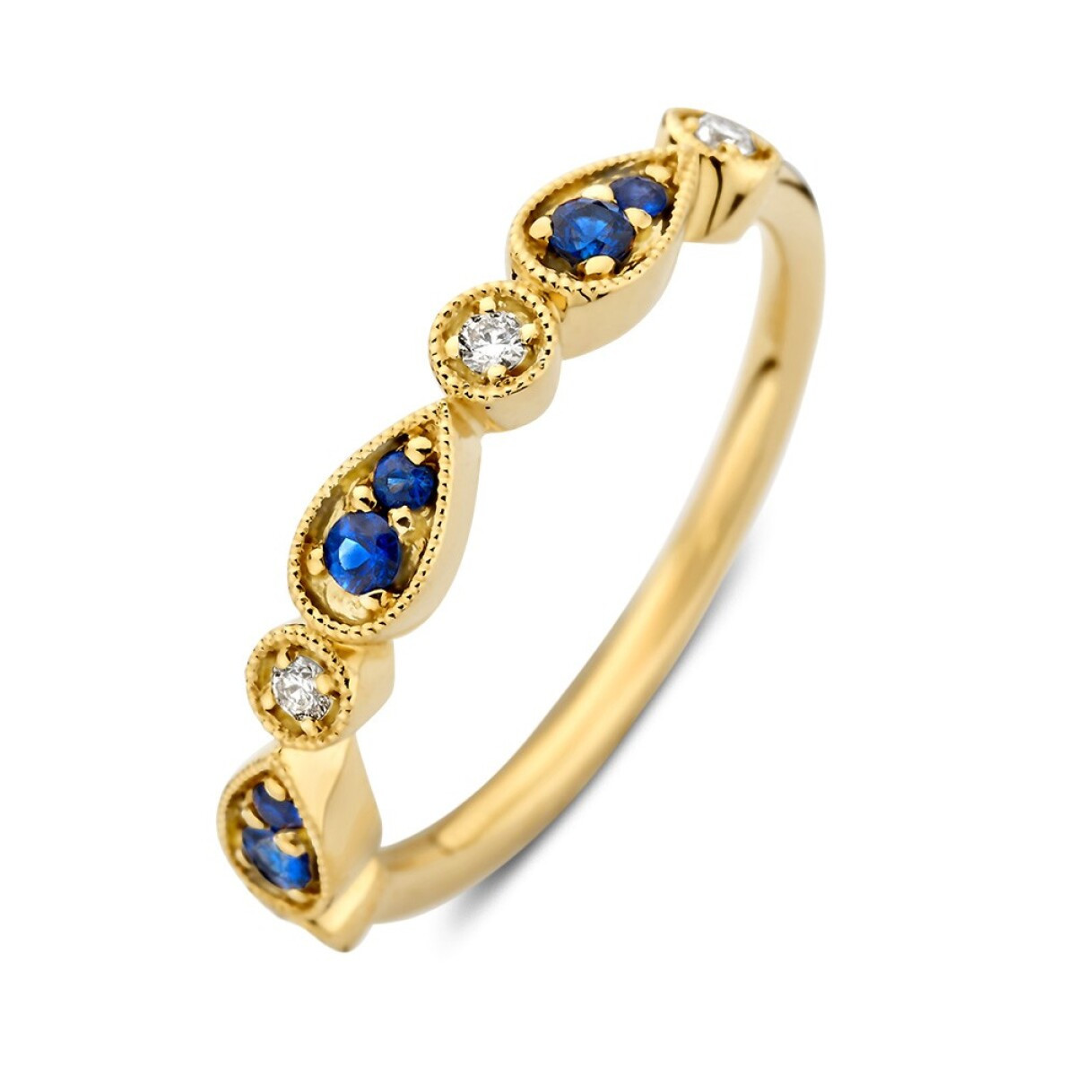 Gouden alliance ring met blauwe saffieren en 0.06 crt diamanten 3.5 mm breed