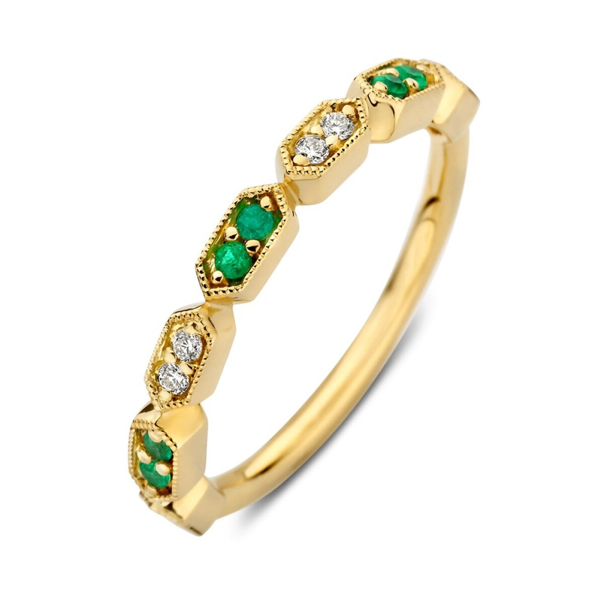 Gouden alliance ring met groene smaragd en transparante diamanten 0.08 crt 2.7 mm breed