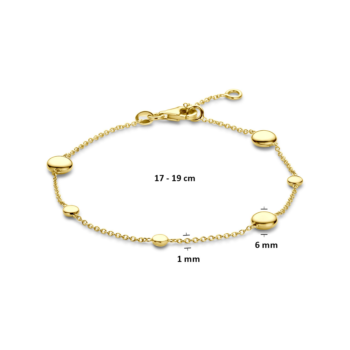Gouden armband 14-karaat met bolletjes in diverse groottes 1 mm breed - Lengte 17-19 cm