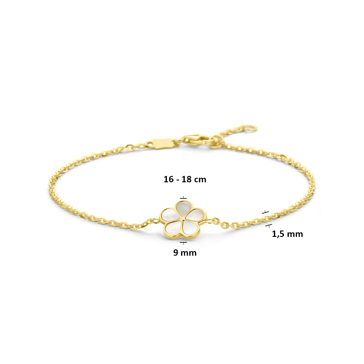 Gouden armband 14-karat met bloem van parelmoer 1.5 mm breed - Lengte 16-18 cm